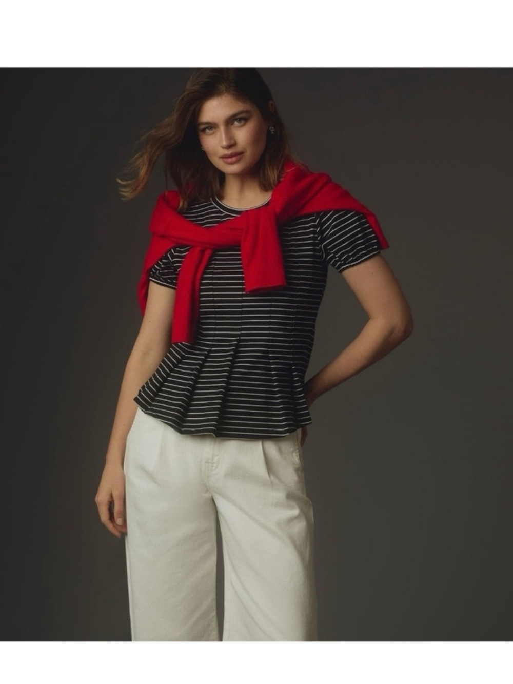 Maeve Anthropologie Black White Striped Peplum Top M